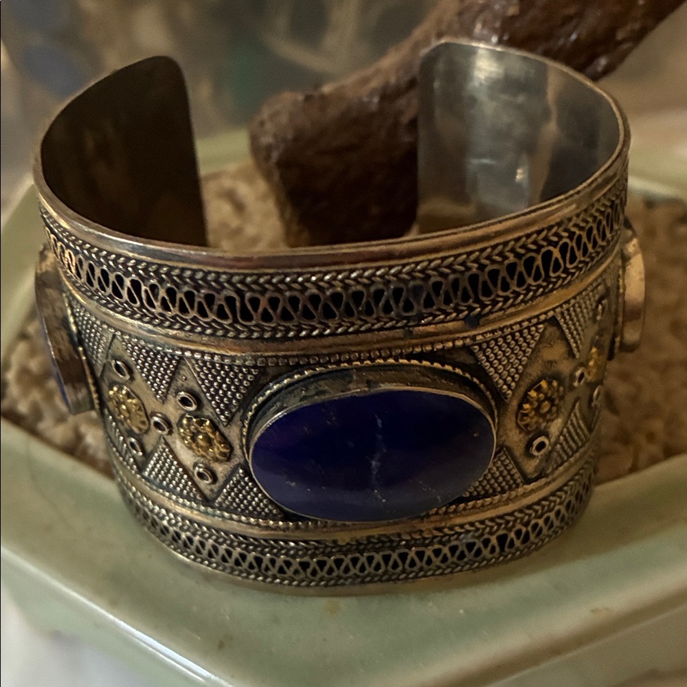 Intricate Silver Cuff Bracelet with lapis